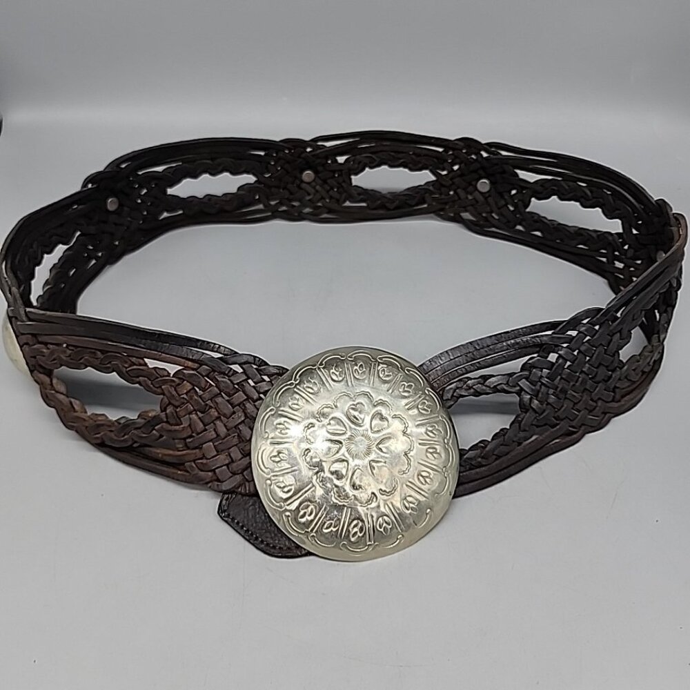 Vintage Moroccan Braided Leather Belt Large Metal Buckle Hammered Boho Gypsy